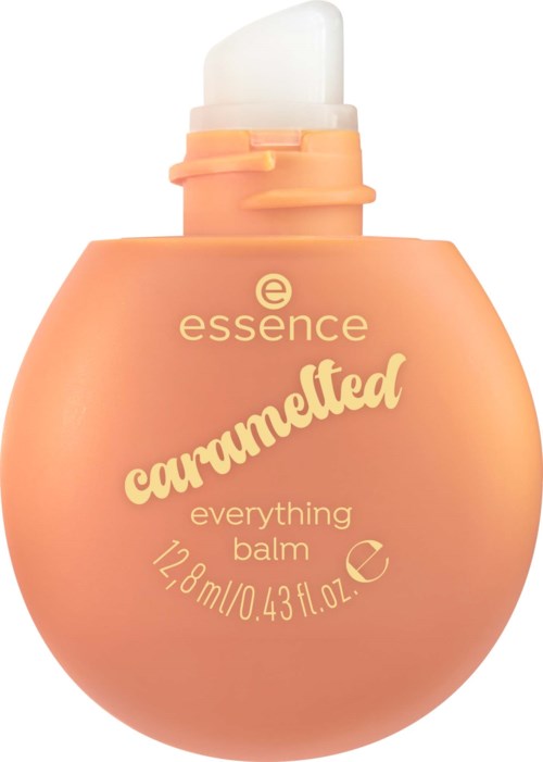 Persikanvärinen pyöreä pullo essence caramelized everything balm, valkoinen pumppu ja beige korkki.