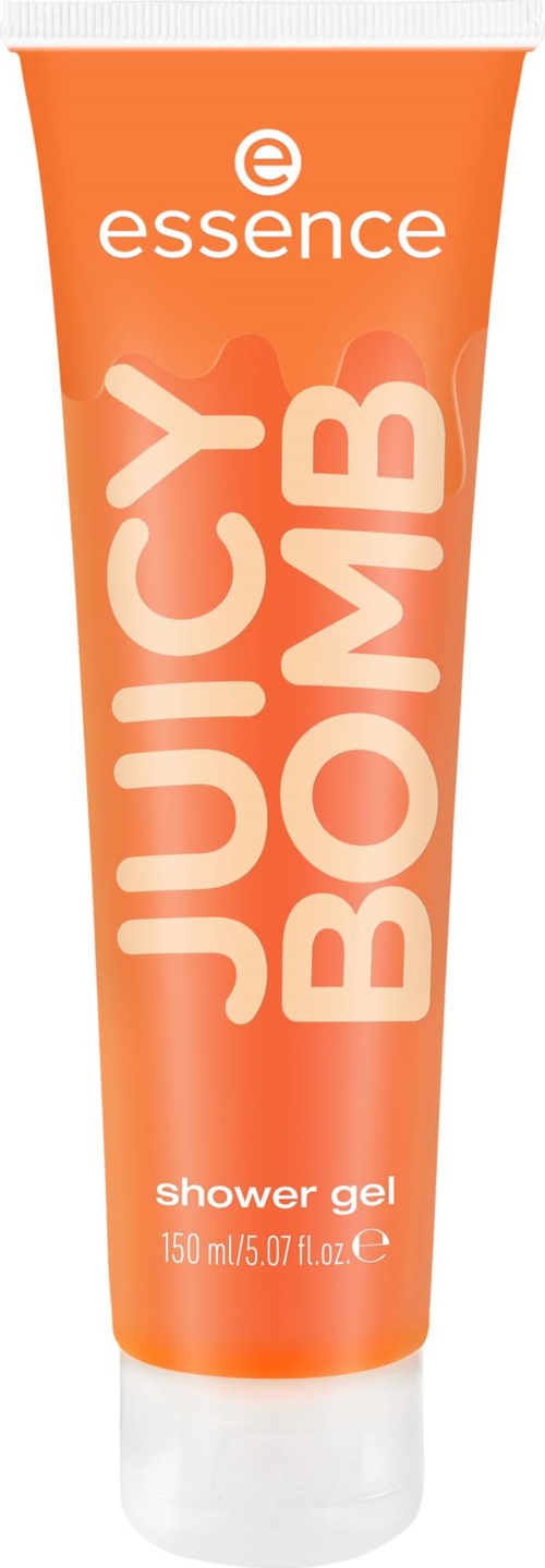 Oransje dusjsåpeflaske med hvit krage, stor tekst som sier Juicy Bomb, og Essence-logoen øverst.