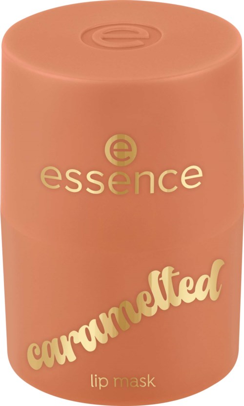 Orange cylindrisk förpackning med guld- och beige text för essence karamelliserad läppmask.