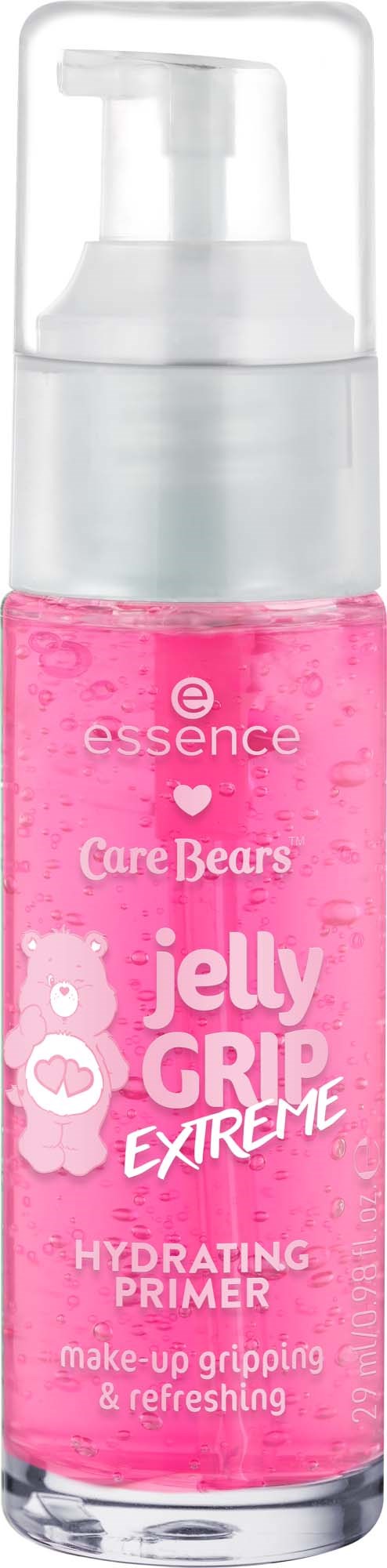 En rosa flaska med jelly grip extreme fuktgivande primer med vit pump. Märket Essence och Care Bears-logotypen synlig.