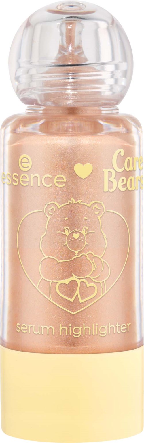En beige flytande highlighter i en genomskinlig flaska med en björnillustration och guldtext, och ett genomskinligt lock.