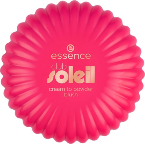 Pink circular container with a ruffled edge, says essence club soleil cream to powder blush in the center.