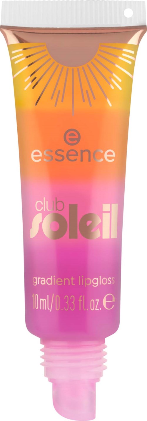 A lip gloss tube with orange, yellow, and pink colors, labeled essence club soleil, and sun rays design.