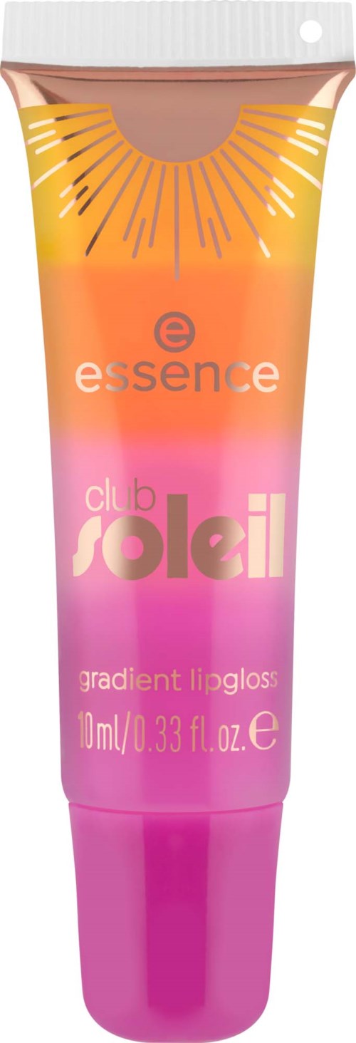 A tube of lip gloss with a sun and pink-orange gradient design, labeled essence club soleil, 10ml.