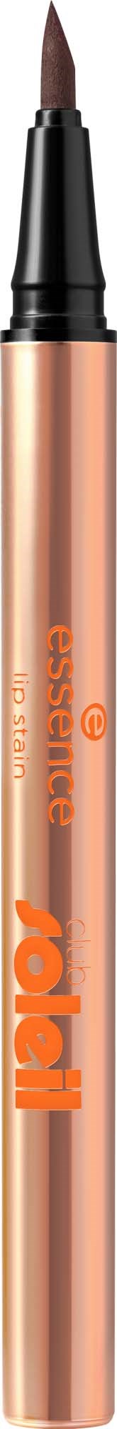 Ett brunt flytande läppstift med svart lock och en markörliknande spets. Förpackningen har orange text.