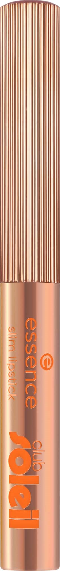 En roséguldfärgad metallisk läppstift med ett räfflat lock. Märke och logotyp på tuben.