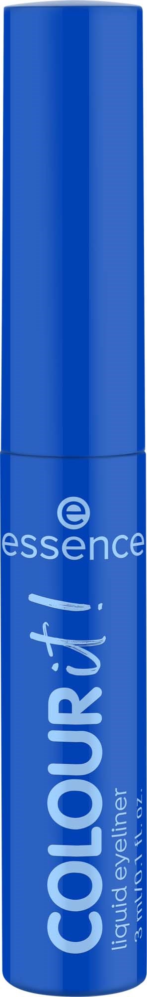 Ett blått cylindriskt rör med orden 'COLOUR+!' och 'essence' tryckta på det, troligen en kosmetisk produkt.