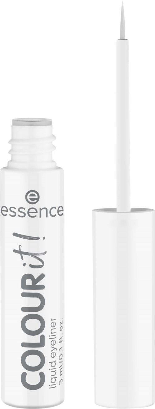 En vit flytande eyeliners för ögon i en liten flaska med pensel applicator.