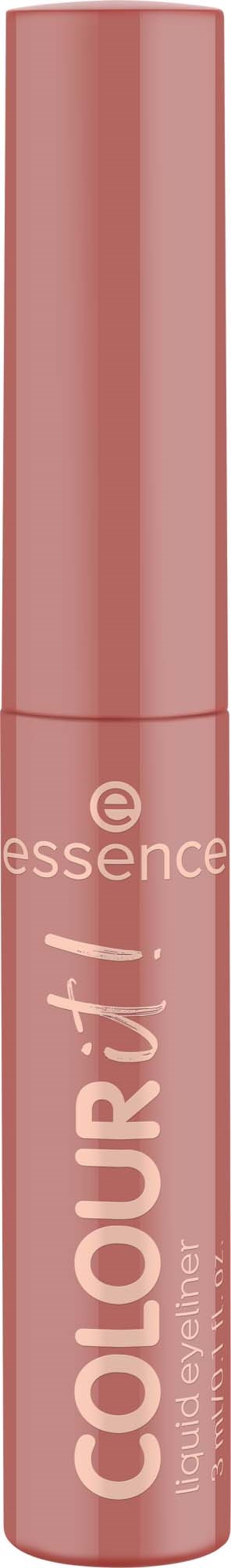 Een roze tube met het label essence Colour It! vloeibare eyeliner op een zwarte achtergrond.