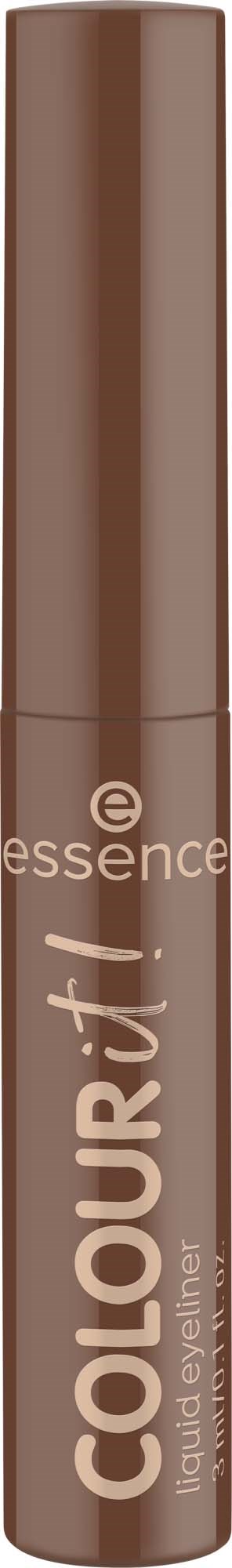 En brun tube av essence färgton flytande eyelinergår uppåt, märkt med varumärket och produktnamnet.