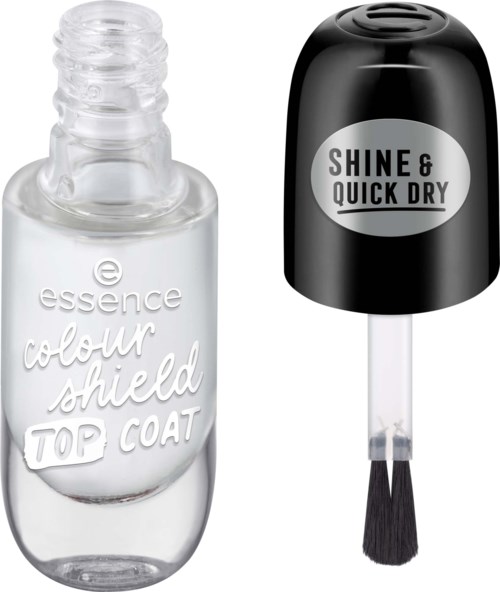 A clear nail polish bottle and a black quick dry top coat with brush. The top coat says Shine & Quick Dry.
