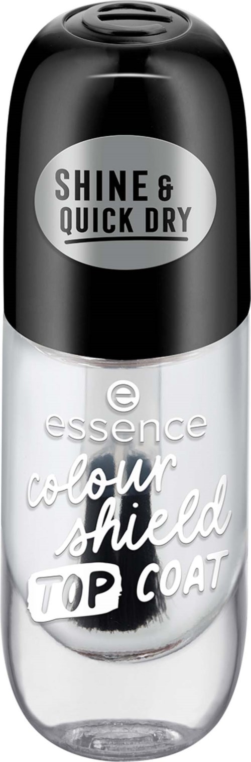 A bottle of essence colour shield top coat with black and white design and a label saying essential shine and quick dry.