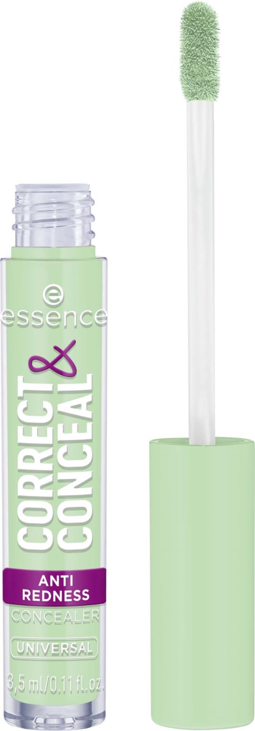 Grüne und weiße Tube mit Concealer mit Pinselapplikator gegen Rötungen.
