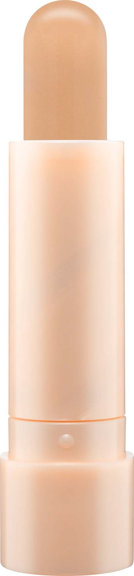 Beige huulipuna, jolla on kiiltävä pinta ja pyöreä kärki, säilykepakkauksessa.