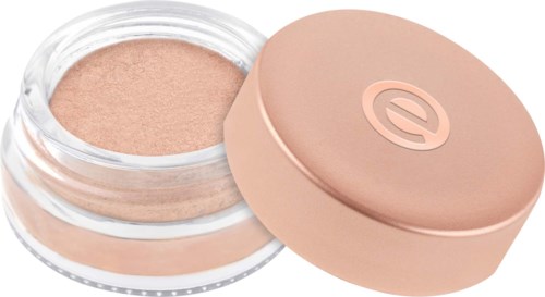 En liten beholder med beige pulver ved siden av en rund rosa lokk.
