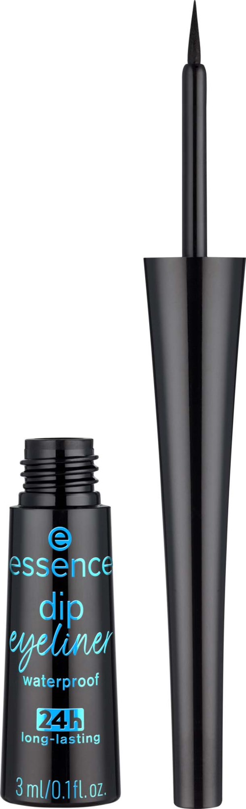 Essence vattentät dip-eyeliner med en svart behållare och en tunn pensel.