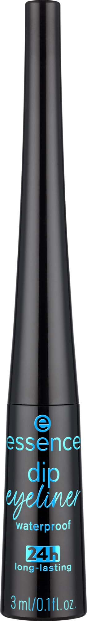 En svart, smal, förlängd makeuppenna märkt 'essence dip eyeliner waterproof 24h long-lasting' med en blå logga.