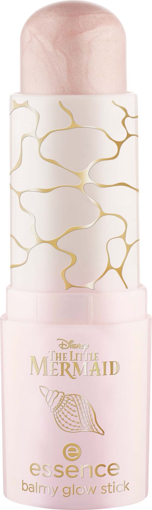 Een lichtroze balm glow stick met een wit en goud marmerontwerp, geïnspireerd door Disney's De Kleine Zeemeermin.