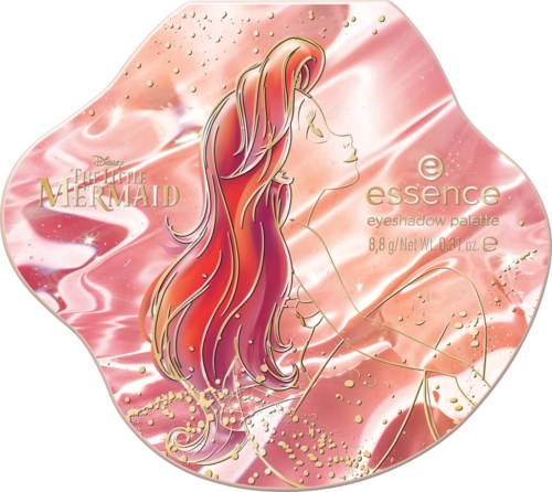 Een roze, glanzende verpakking met een zeemeerminillustratie, goudglitter en tekst voor Disney's De kleine zeemeermin oogschaduwpalette.