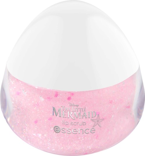 Een roze lip scrub container met glitter, bedrukt met 'The Little Mermaid' en 'essence' logo.