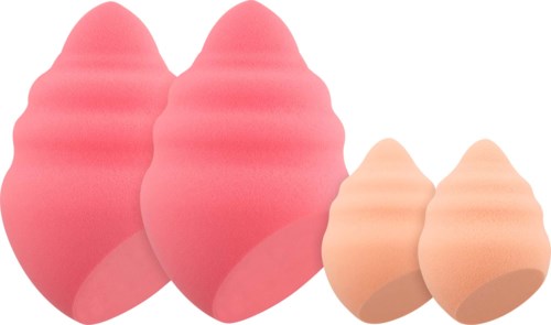 Twee grotere roze make-upspons en twee kleinere perzikkleurige sponsdoppen met ribbels.