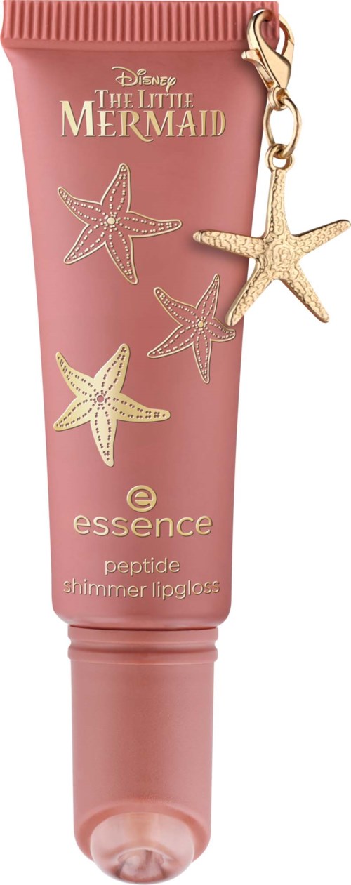 Rosa Tube mit Meeresstern-Illustrationen und Meeresstern-Anhänger, gekennzeichnet 'The Little Mermaid' und 'essence shimmer lip gloss.'