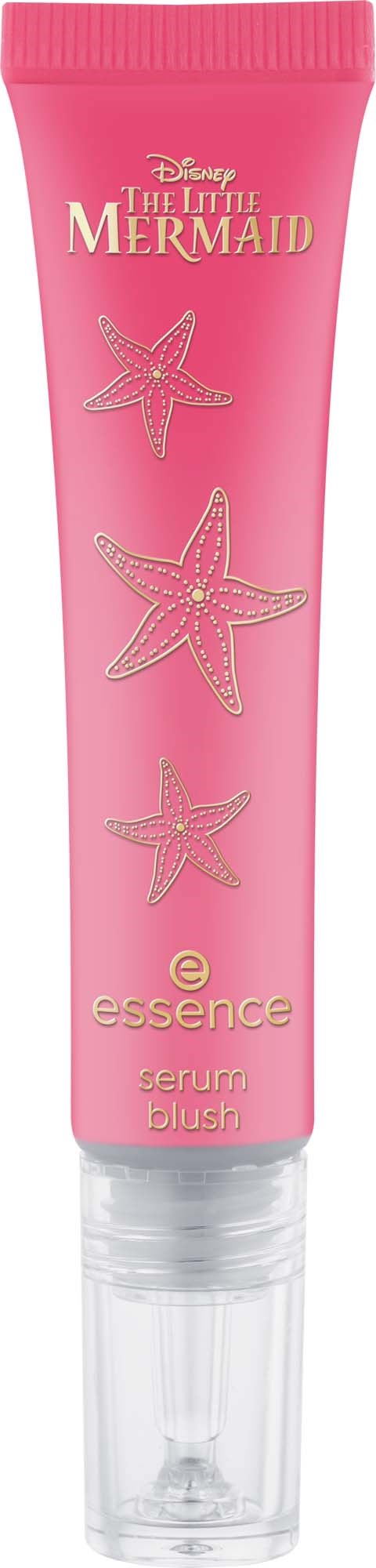 Roze tube met zeesterillustraties, gemarkeerd Disney The Little Mermaid, essence serum blush.