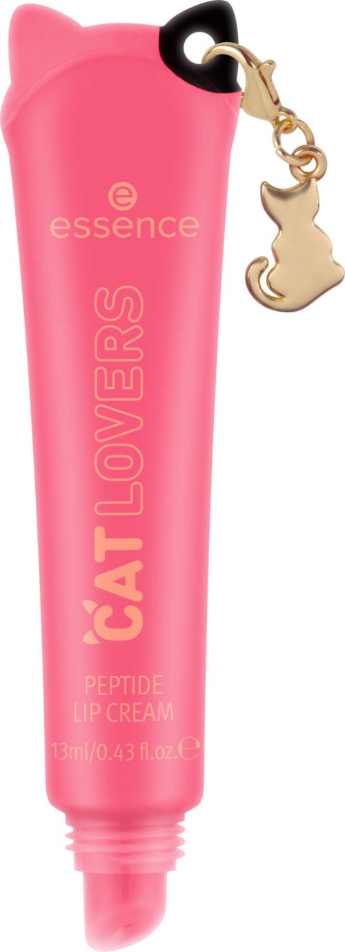Rød rosa tube av Essence Cat Lovers leppe krem med en liten kattvedheng. Tuten har en spiss for påføring.