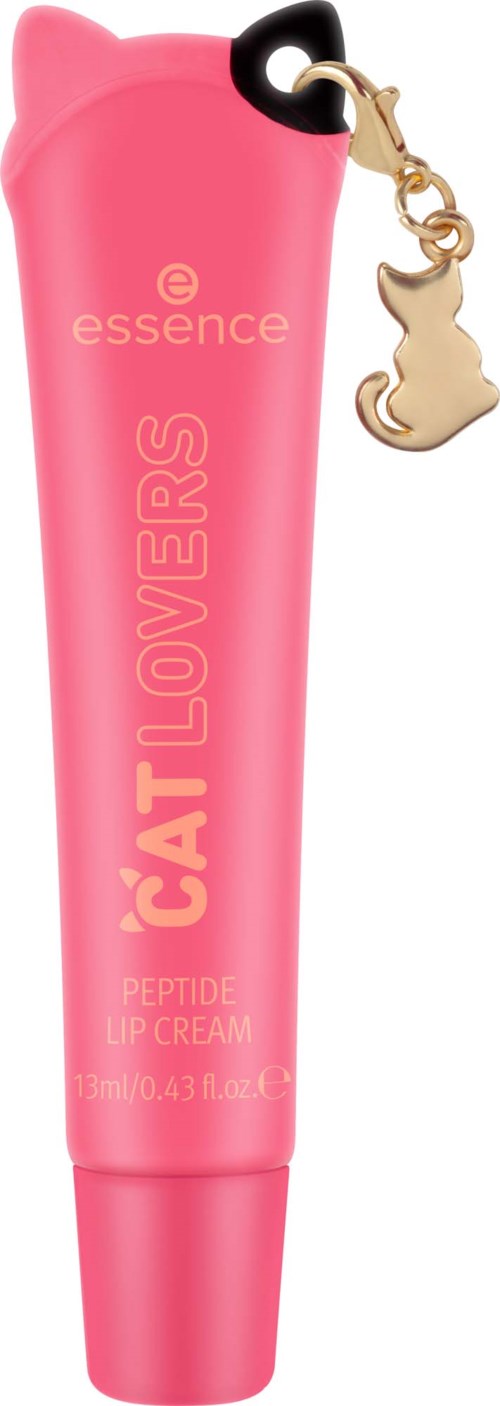Lys rosa tube med kattmotiv for leppekrem med gullfarget kattanheng. Tekst: 'Cat Lovers' og 'Peptide Lip Cream'.