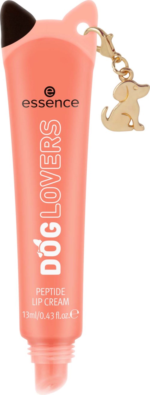 Rosa hundformet leppekremtube med svart øre, gullhundanheng, og hvit tekst som sier Dog Lovers. Essence-merke.