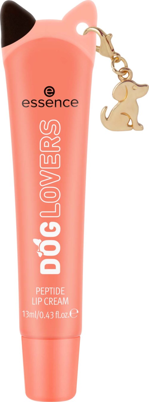 Peachfarget leppepompetube med hundetilheng, merket Døg LOVERS Peptide Lip Cream av Essence.
