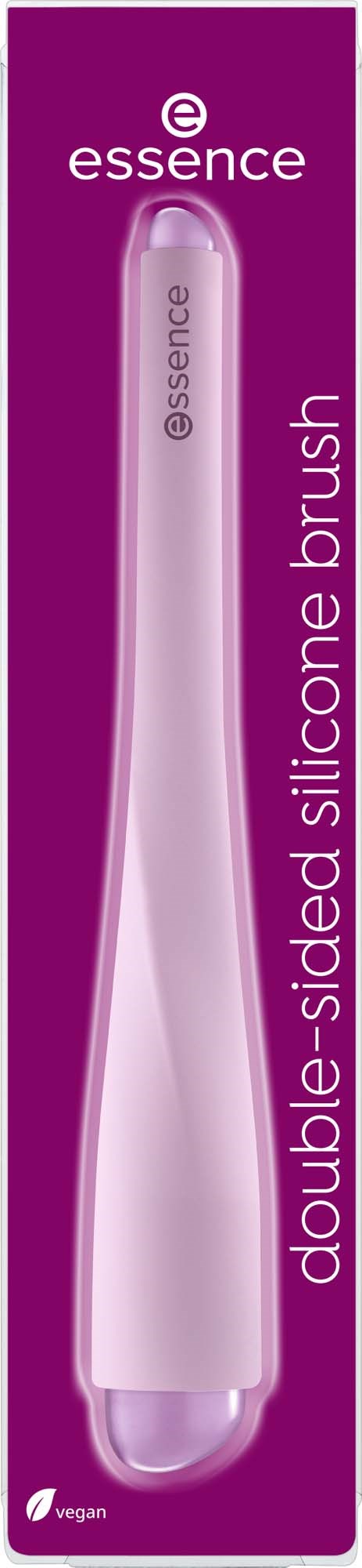 Een paarse verpakking met een witte handvat siliconenborstel voor make-up en de merknaam essence.