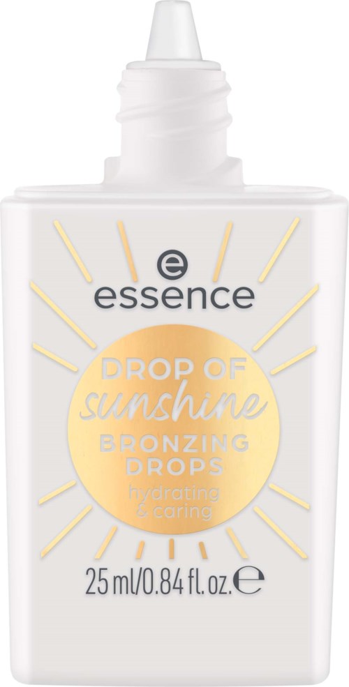 En vit flaska med spetsig lock märkt essence drop of sunshine bronzing drops för glödande och bronsad hud.