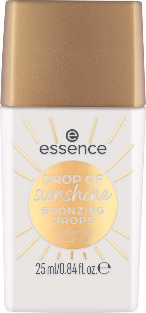 En liten vit flaska med guldkork och solform, märkt som bronzing drops för hydratation och omvårdnad.