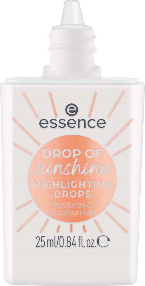 Valkoinen tipaton pullo, jossa on pinkki ja musta teksti essence highlighting drops, sisältää 25 ml.