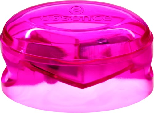 Een klein, roze, doorzichtige container met het woord "essence" bovenop. Het lijkt op een cosmetica-doos.