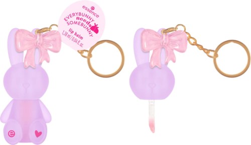Twee kleine konijnvormige lipgloss-houders in roze en paars met strikjes, aan een sleutelhanger bevestigd.