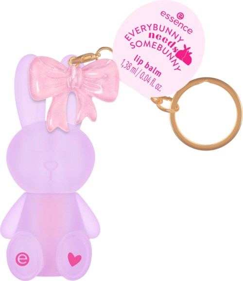 Een roze konijn sleutelkoord met een strik, bevestigd aan een ring. Het heeft een ronde tag met productinformatie.