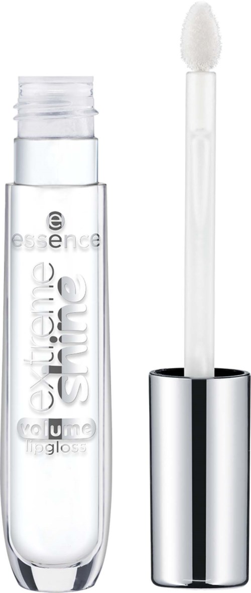 A clear lip gloss container with a white sponge applicator and silver cap.