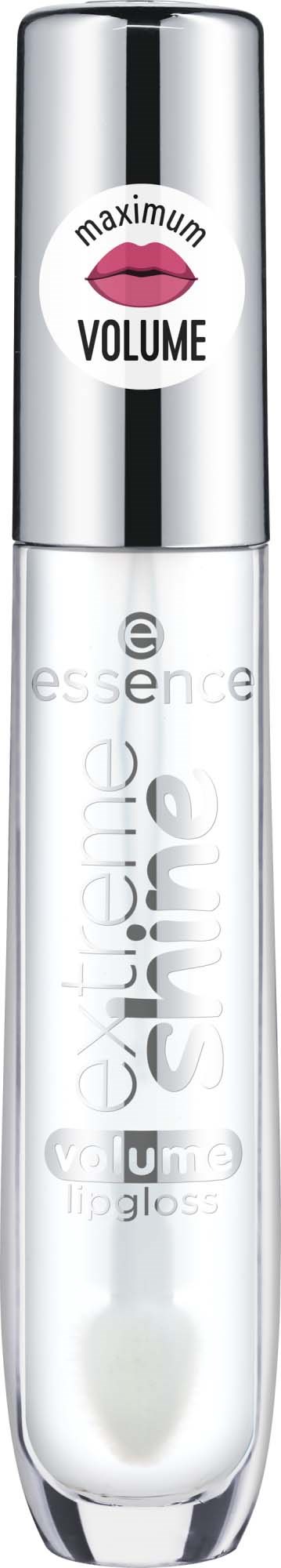 A clear lip gloss tube with silver cap, labeled for maximum volume and shine, by essence.