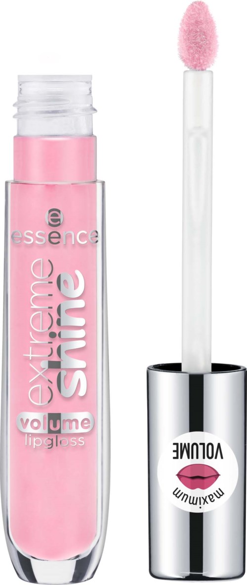 Pink lip gloss with a white wand inside a clear tube, labeled as volume lip gloss.