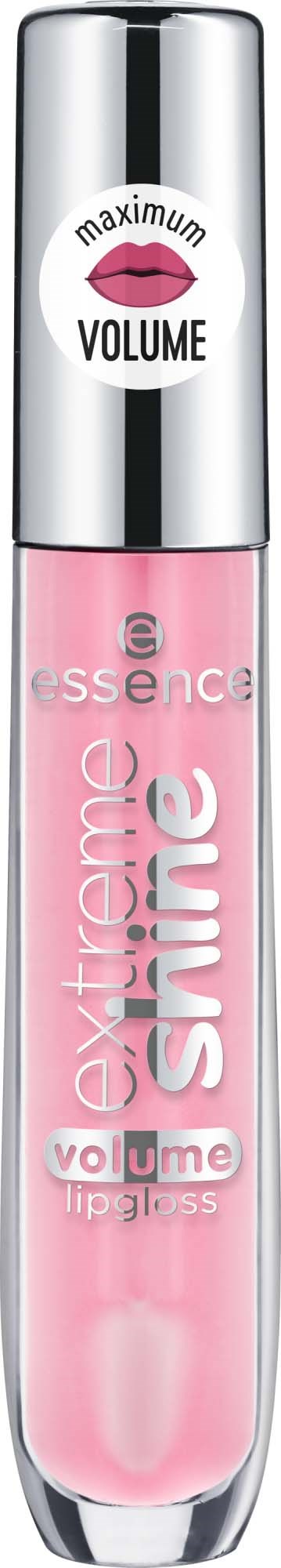 Pink lip gloss tube with silver cap, labeled as maximum volume, long-lasting, intense shine.