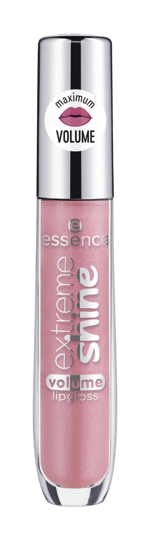 Läppglans i rosa i en klar flaska med silverlock. Den står 'Maximum Volume' och 'Extreme Shine'.