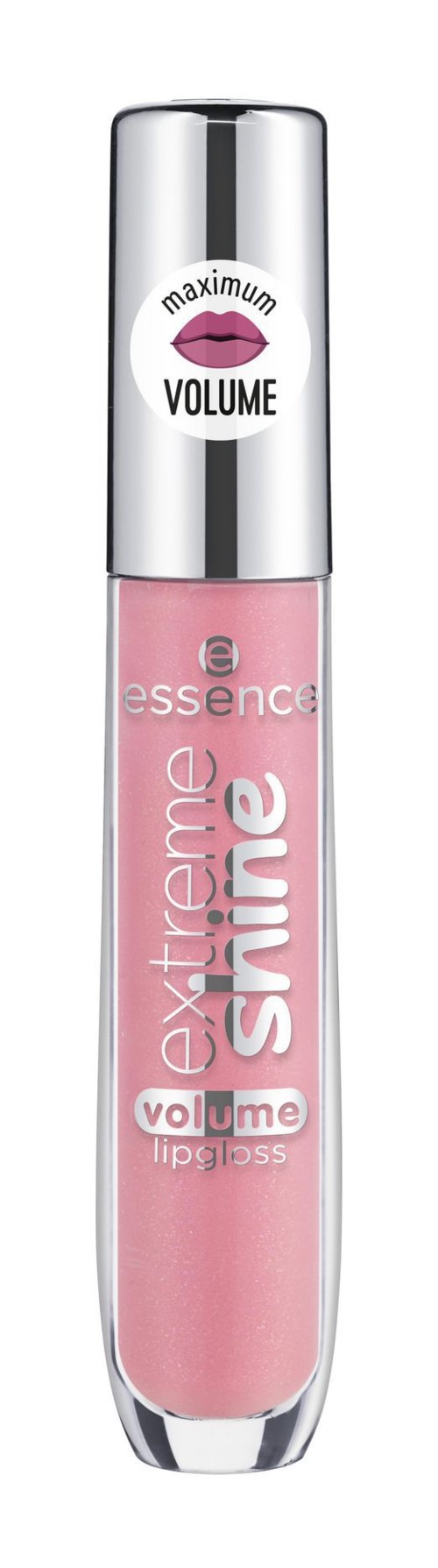 Läppglans i rosa i en genomskinlig flaska med silverlock som säger 'extreme shine' och 'volume'.