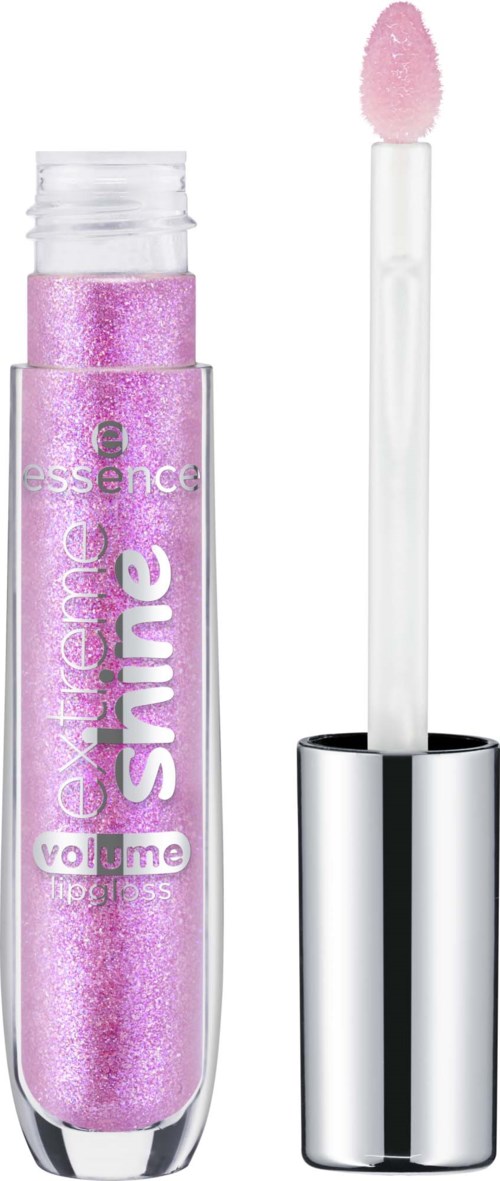 Pink glitter lip gloss in a tube with a wand applicator.