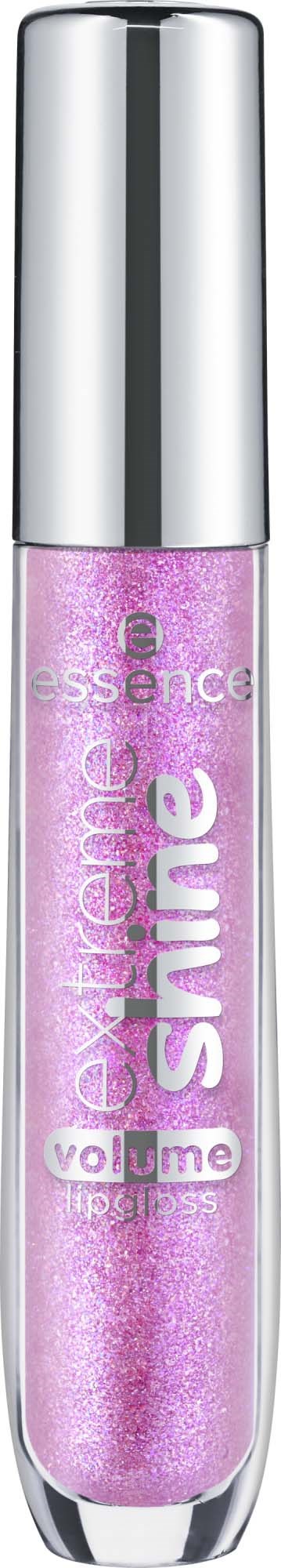 A pink lip gloss with a silver cap labeled essence Shine, volume, lip gloss.