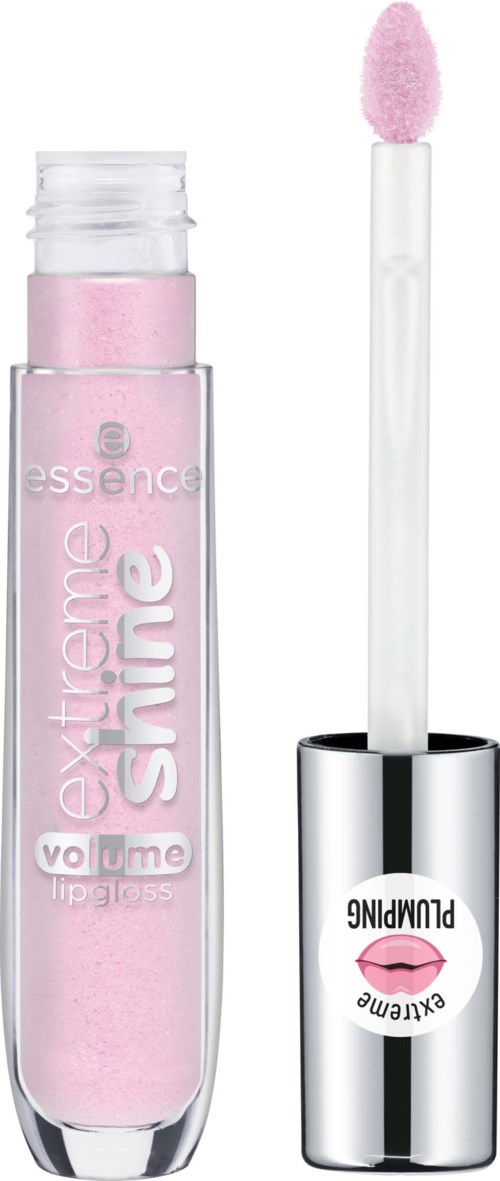 Roze lipgloss met applicator en zilveren dop, gemerkt Essence Extreme Shine Volume.