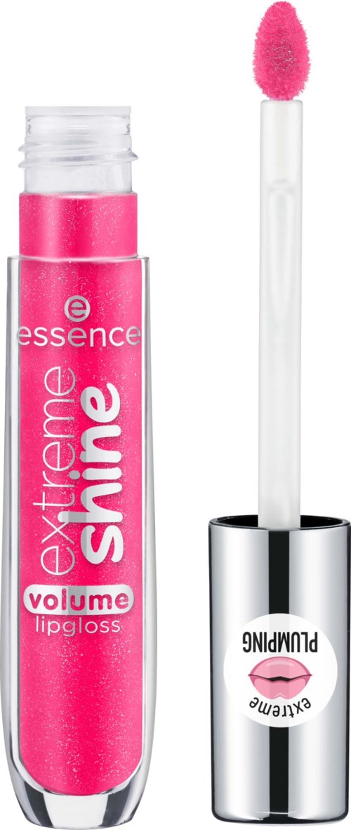 Rosa läppglans i ett rör med en vit applikator, märkt 'extreme shine' och 'volume'.
