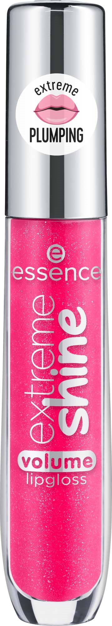 En rosa läppglans med en silverhätta, märkt 'Extreme Shine Volume Lipgloss', med en läpplogotyp och 'extreme plumping'-text.