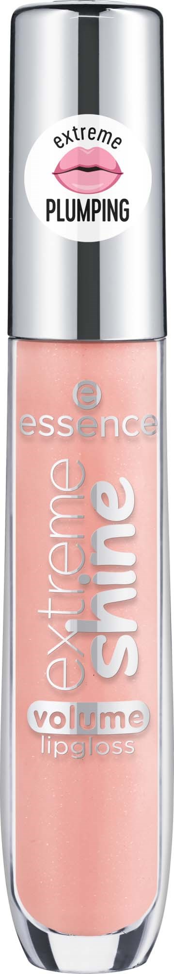 En läppglansrör med silverlock, rosa gloss inuti, och ord som 'extreme shine' och 'volume' på.